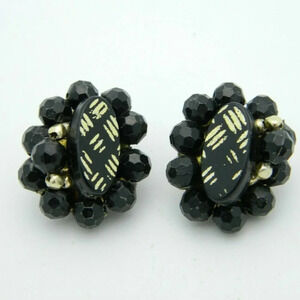 HONG KONG Black Gold Acrylic Bead Clip Earrings